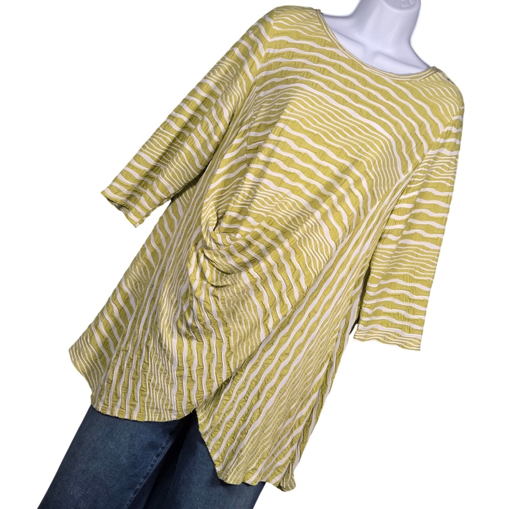 IC by Connie K Tunic Top Women XL Green White Stripe Twist Crinkle Asymmetrical